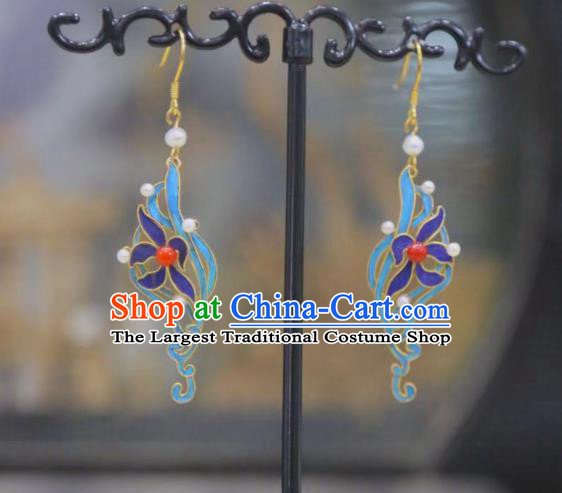 Chinese Culture Jewelry Ancient Qing Dynasty Pearls Ear Accessories Traditional Blueing Orchids Earrings