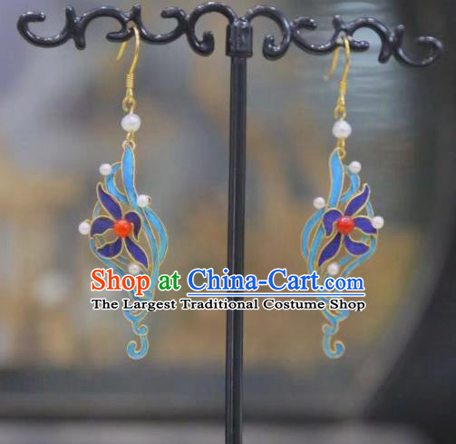 Chinese Culture Jewelry Ancient Qing Dynasty Pearls Ear Accessories Traditional Blueing Orchids Earrings