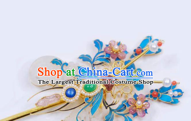 Chinese Traditional Qing Dynasty Gems Hair Jewelry Ancient Empress Jade Pearls Hairpin