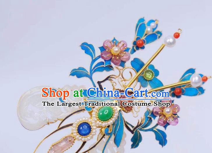 Chinese Traditional Qing Dynasty Gems Hair Jewelry Ancient Empress Jade Pearls Hairpin