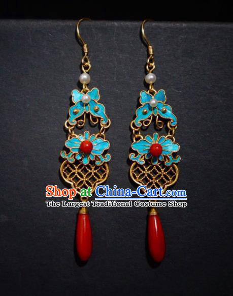 Chinese Ancient Qing Dynasty Butterfly Ear Accessories Traditional Agate Earrings Culture Jewelry