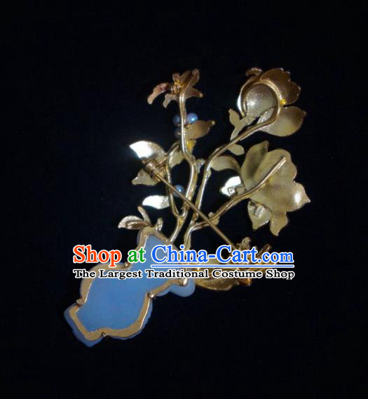 China Traditional Qing Dynasty Blueing Peony Breastpin Jewelry Handmade Jade Vase Brooch Accessories
