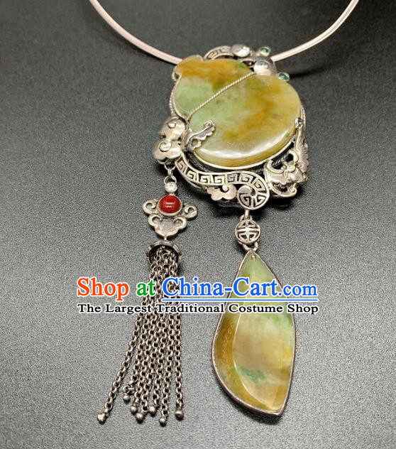 Handmade Chinese Silver Tassel Necklace Accessories National Jadeite Gourd Necklet Pendant