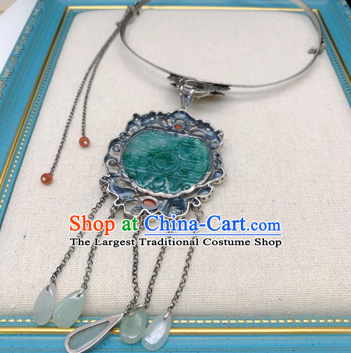 Handmade Chinese National Silver Tassel Necklet Pendant Jadeite Necklace Accessories