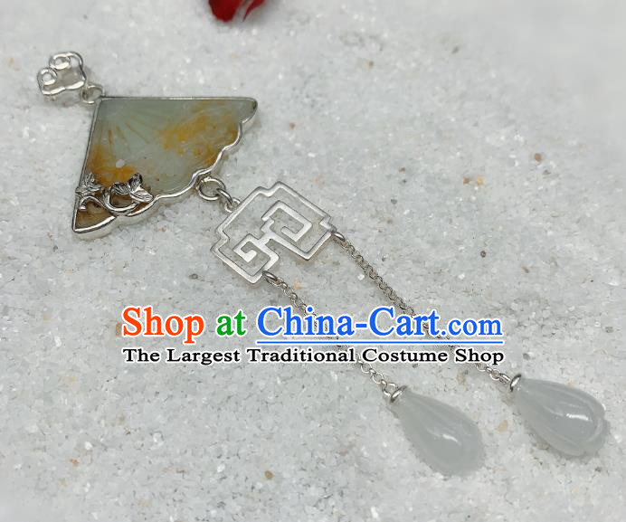 Handmade Chinese Mangnolia Tassel Necklace Accessories National Jade Fan Necklet Pendant