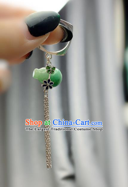 Chinese Handmade Jadeite Gourd Ring National Silver Tassel Circlet Jewelry