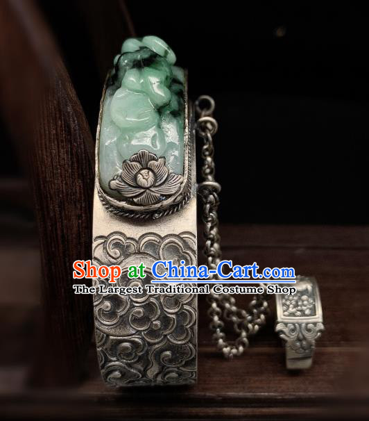 Handmade Chinese Silver Carving Bangle Accessories National Jadeite Bracelet