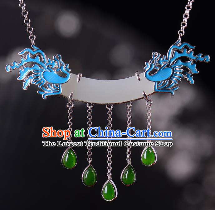 Handmade Chinese Phoenix Necklace Accessories National White Jade Necklet Pendant
