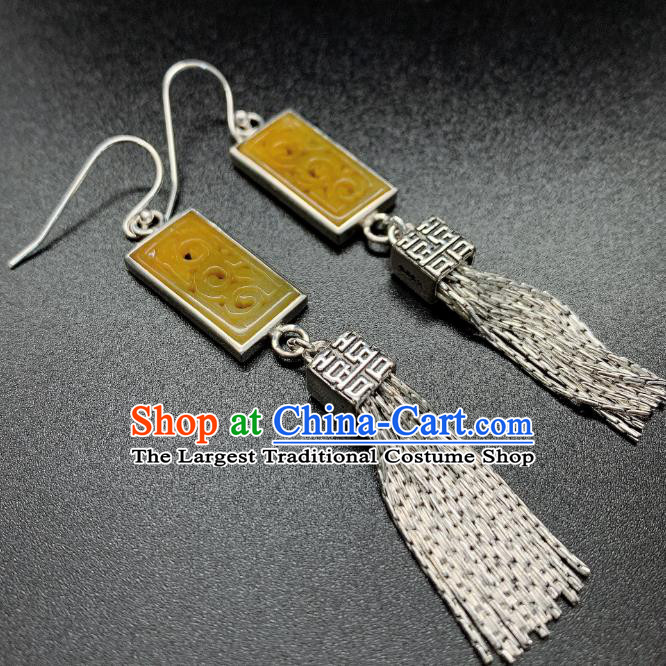 China National Wedding Silver Tassel Earrings Jewelry Traditional Cheongsam Jadeite Ear Accessories