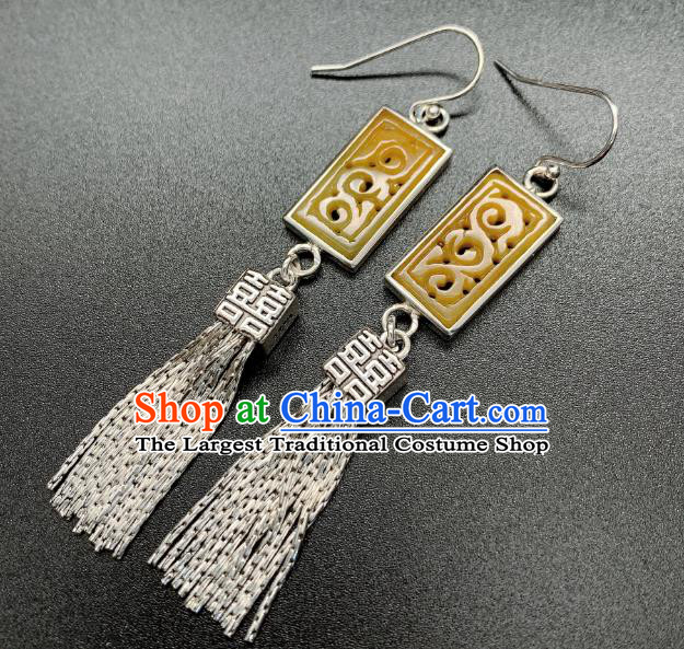 China National Wedding Silver Tassel Earrings Jewelry Traditional Cheongsam Jadeite Ear Accessories