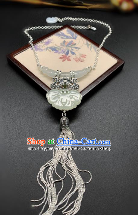 Handmade Chinese Jade Butterfly Necklace Accessories National Silver Tassel Necklet Pendant