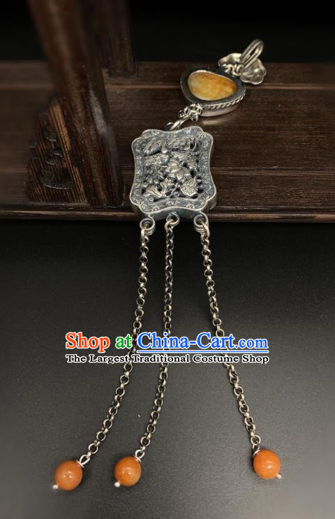 Handmade Chinese Jade Tassel Accessories National Silver Carving Brooch Pendant