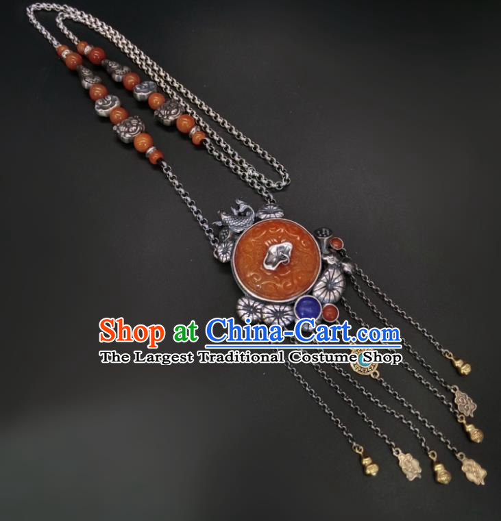 Handmade Chinese Silver Fish Necklace Accessories National Agate Carving Necklet Pendant