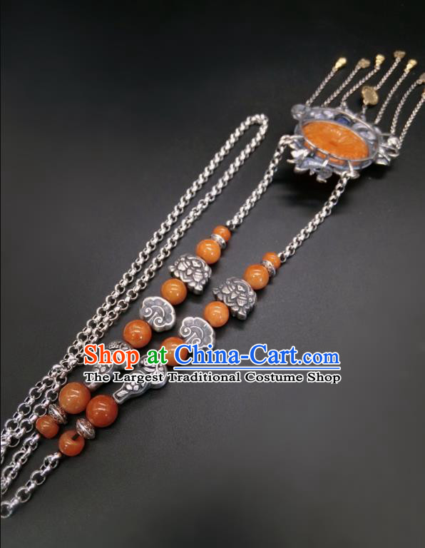 Handmade Chinese Silver Fish Necklace Accessories National Agate Carving Necklet Pendant