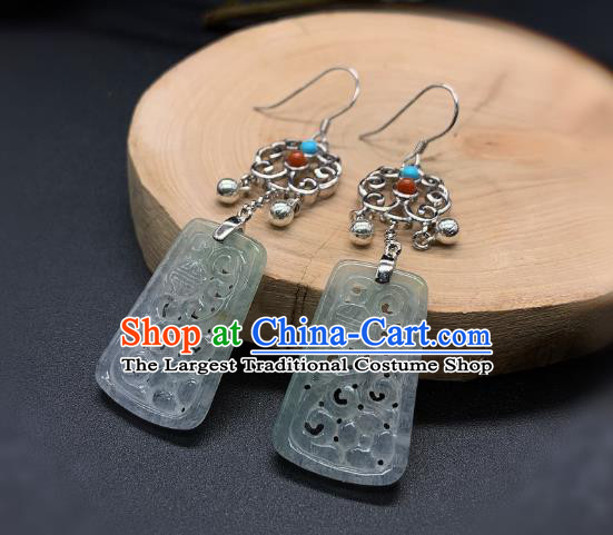 China Traditional Wedding Silver Ear Accessories National Cheongsam Jade Carving Earrings Jewelry