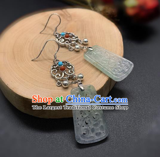 China Traditional Wedding Silver Ear Accessories National Cheongsam Jade Carving Earrings Jewelry
