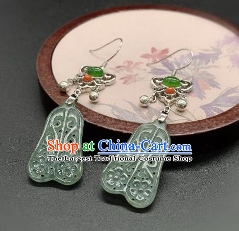 China Traditional Silver Ear Accessories National Cheongsam Jadeite Palm Fan Earrings Jewelry