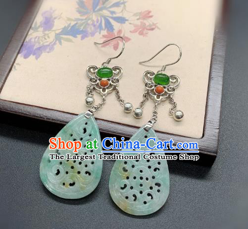 China Traditional Jadeite Carving Ear Accessories National Cheongsam Silver Earrings Jewelry