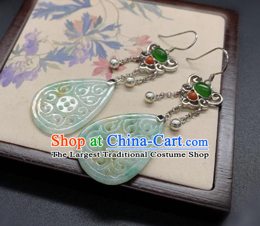 China Traditional Jadeite Carving Ear Accessories National Cheongsam Silver Earrings Jewelry