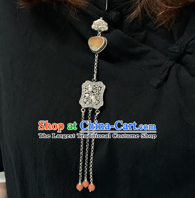 Handmade Chinese Jade Tassel Accessories National Silver Carving Brooch Pendant