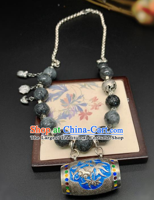 Handmade Chinese Black Jade Necklace Accessories National Blueing Fish Lotus Necklet Pendant