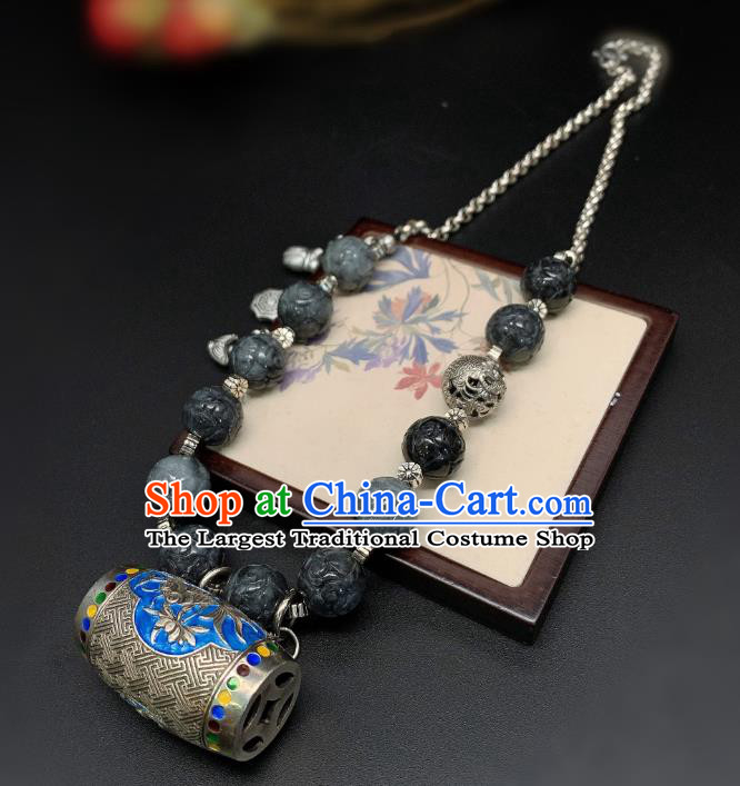 Handmade Chinese Black Jade Necklace Accessories National Blueing Fish Lotus Necklet Pendant