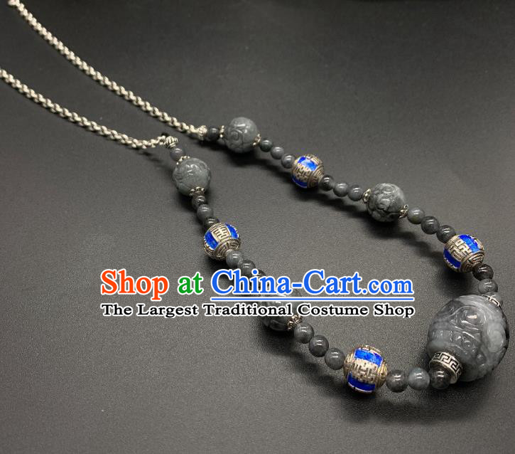 Handmade Chinese Blueing Silver Necklace Accessories National Black Jade Necklet Pendant