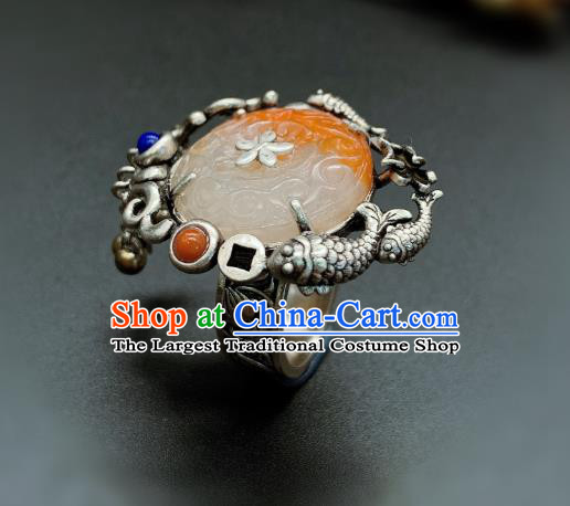 Chinese Handmade Silver Fish Ring National Agate Carving Circlet Jewelry