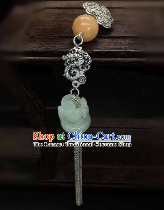 Handmade Chinese Silver Dragon Brooch Accessories National Jade Tassel Pendant