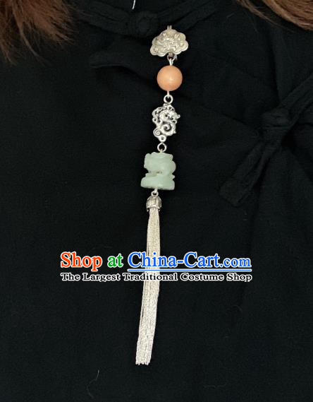 Handmade Chinese Silver Dragon Brooch Accessories National Jade Tassel Pendant