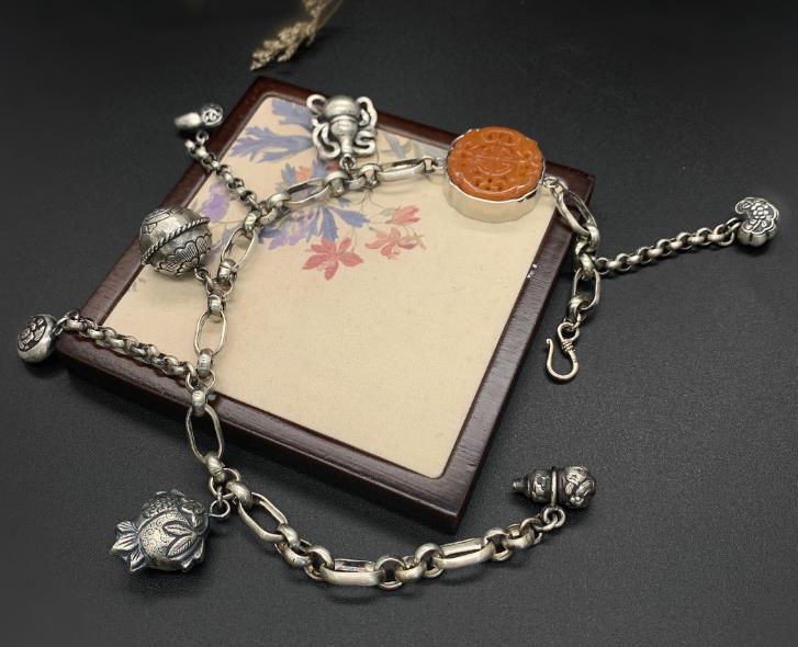 Handmade Chinese Silver Tassel Bangle Accessories National Agate Bracelet