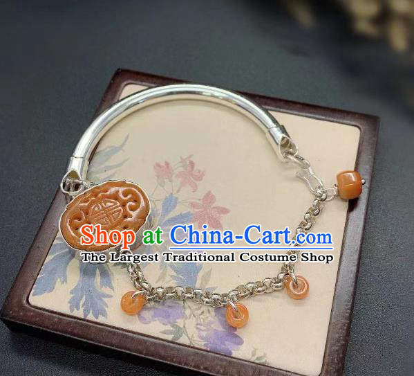 Handmade Chinese Wedding Silver Wristlet Accessories National Agate Carving Bracelet