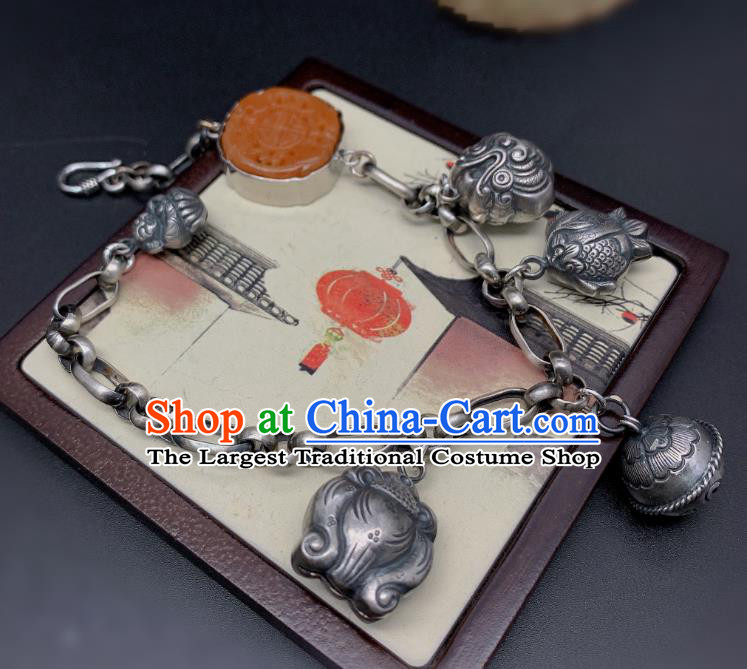 Handmade Chinese National Agate Carving Bracelet Wedding Silver Wristlet Accessories