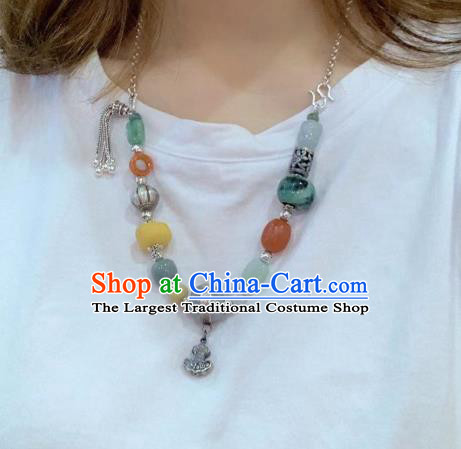Handmade Chinese National Jadeite Necklace Wedding Silver Necklet Accessories