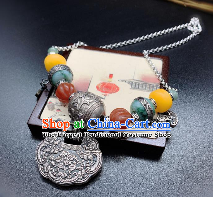 Handmade Chinese National Silver Lock Wristlet Accessories Wedding Agate Beeswax Bracelet