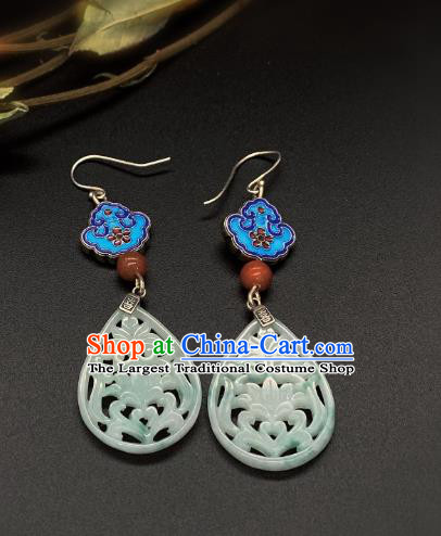China Traditional Blueing Ear Accessories National Cheongsam Jade Carving Lotus Earrings Jewelry