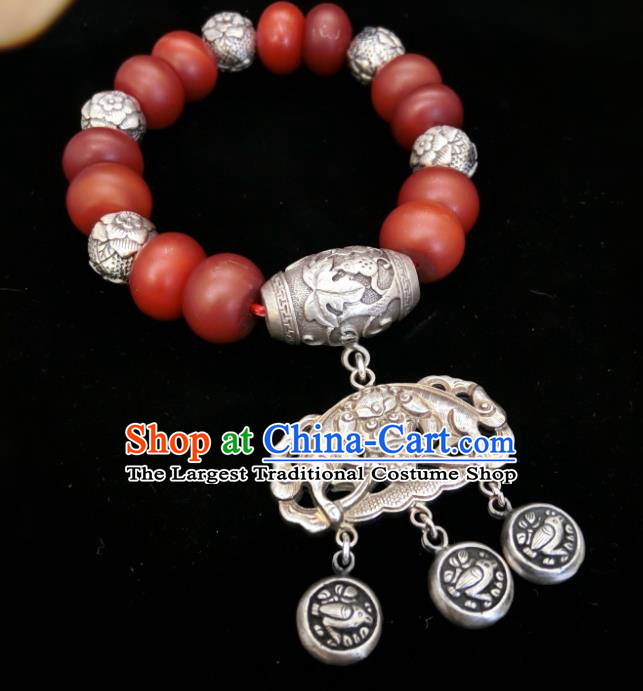 Handmade Chinese National Agate Beads Wristlet Accessories Wedding Silver Bucket Bracelet