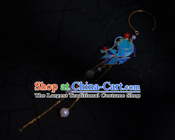 Chinese Cheongsam Pearls Tassel Ear Accessories Traditional Culture Jewelry Blueing Fish Earrings
