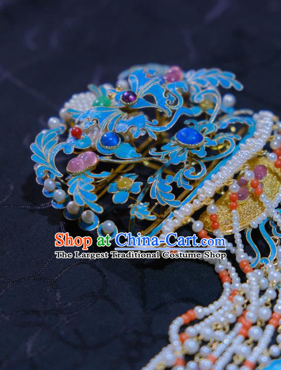 Chinese Traditional Hair Jewelry Blueing Hairpin Ancient Ming Dynasty Empress Pearls Tassel Hair Comb