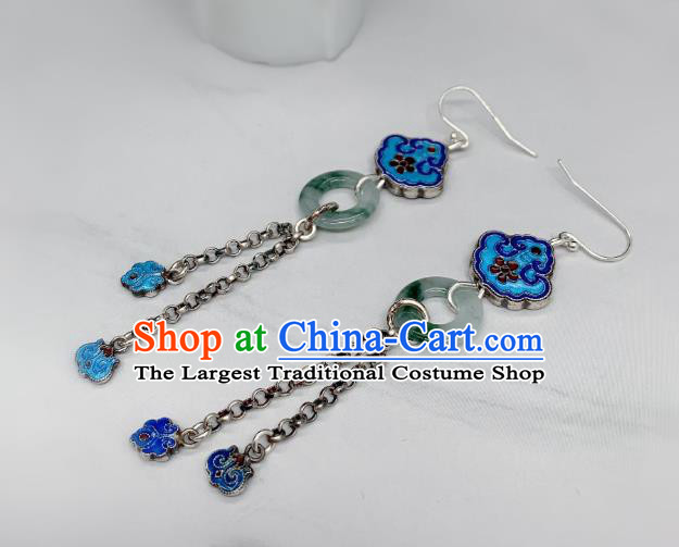 China Traditional Blueing Silver Ear Accessories National Cheongsam Jade Peace Buckle Earrings Jewelry