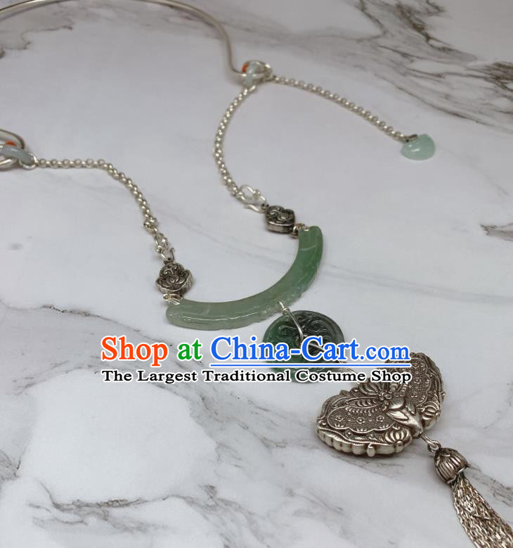 Handmade Chinese Wedding Silver Butterfly Tassel Necklace Pendant National Jadeite Necklet Accessories