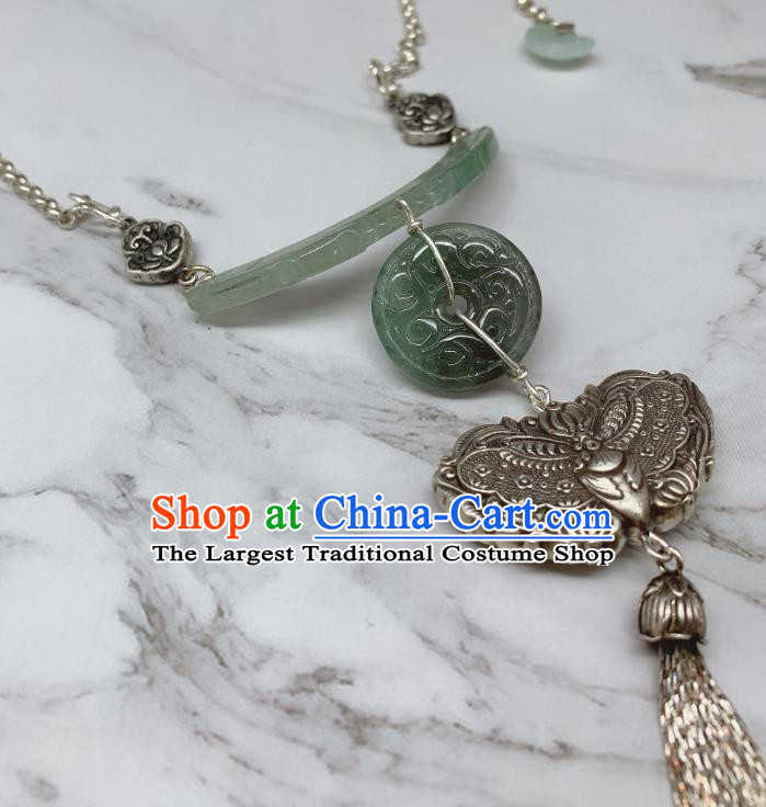 Handmade Chinese Wedding Silver Butterfly Tassel Necklace Pendant National Jadeite Necklet Accessories