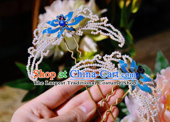 Chinese Traditional Hair Jewelry Pearls Hairpin Ancient Qing Dynasty Empress Blueing Lotus Hair Stick
