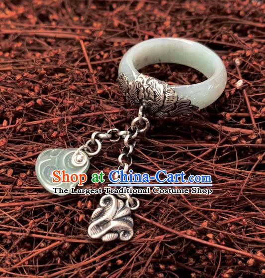 Chinese Handmade White Jade Ring National Silver Tassel Circlet Jewelry