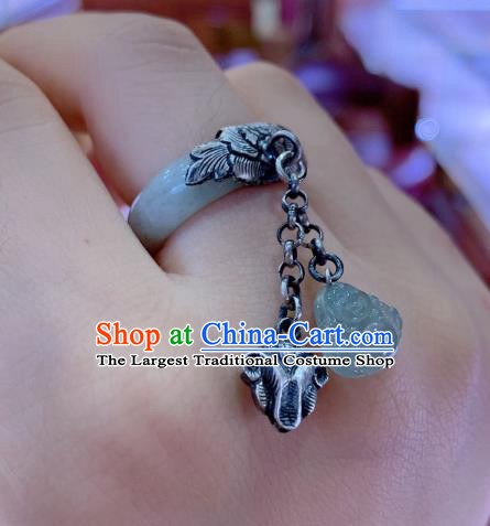 Chinese Handmade White Jade Ring National Silver Tassel Circlet Jewelry