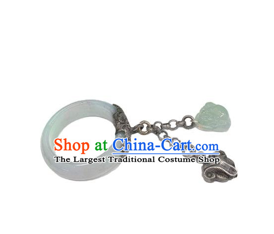 Chinese Handmade White Jade Ring National Silver Tassel Circlet Jewelry