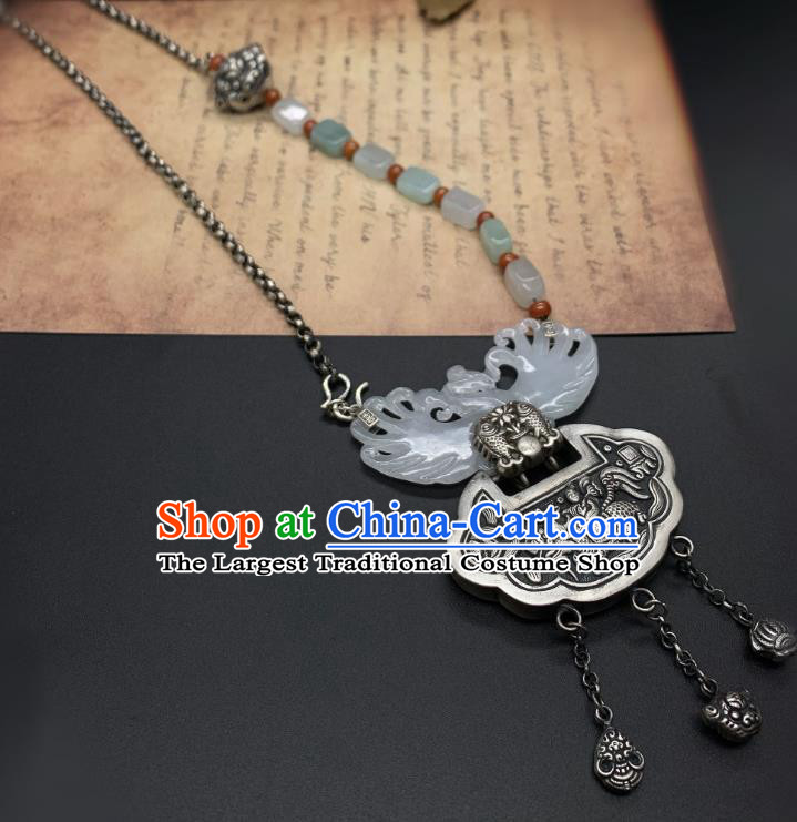 Handmade Chinese Jade Carving Phoenix Necklace Pendant National Silver Lock Tassel Necklet Accessories