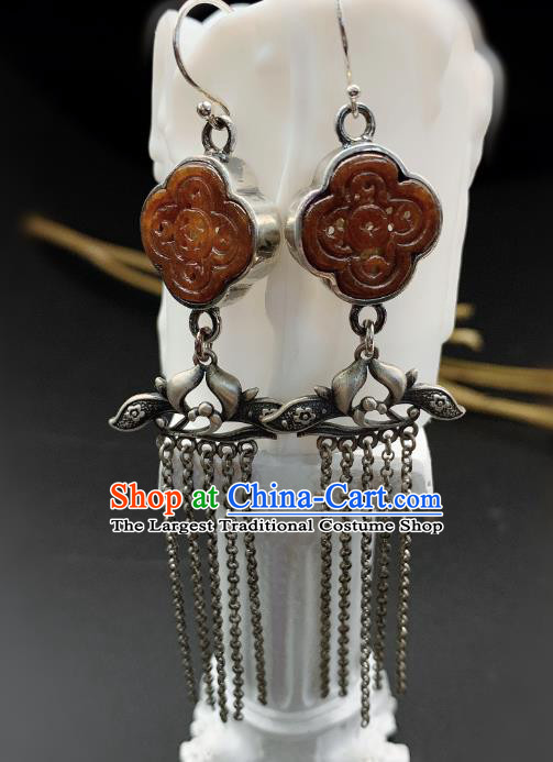China National Silver Orchid Tassel Earrings Jewelry Traditional Cheongsam Agate Ear Accessories
