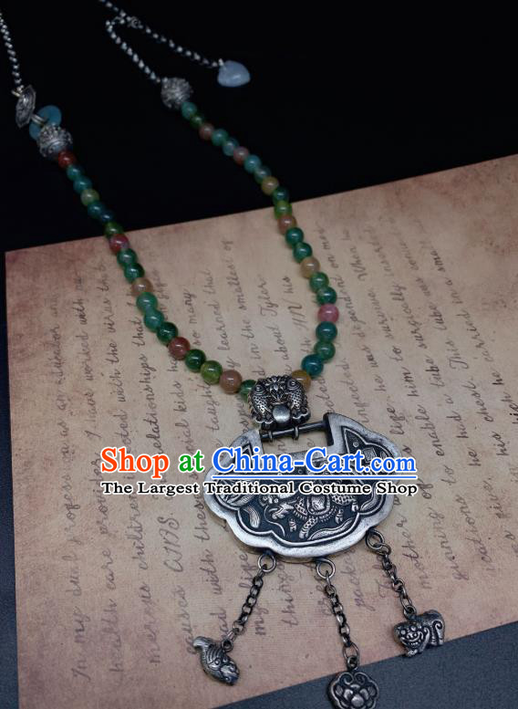 Handmade Chinese Jadeite Beads Necklace Accessories National Silver Lock Tassel Necklet Pendant