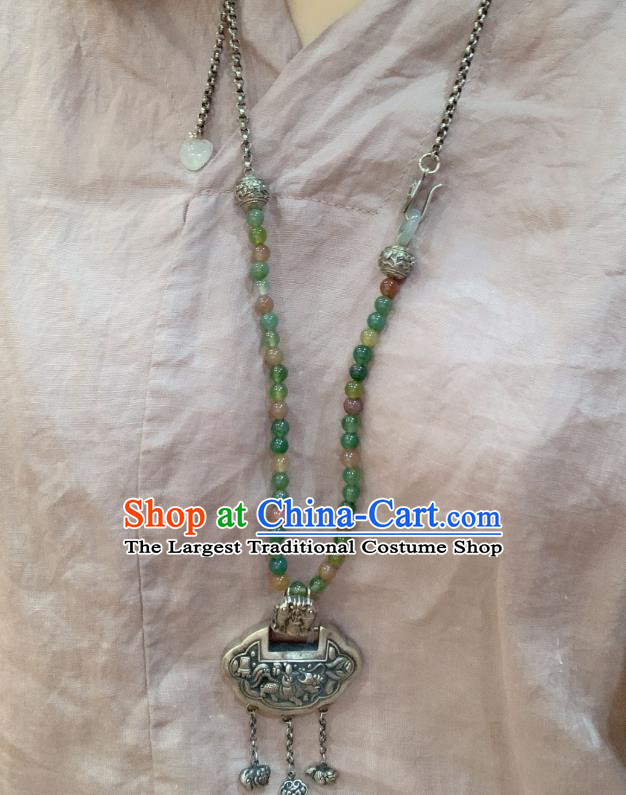 Handmade Chinese Jadeite Beads Necklace Accessories National Silver Lock Tassel Necklet Pendant
